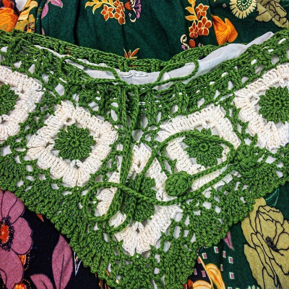 Thai Green Floral Crocheted Bodice Midi Summer Dress Sz S/M - Picture 6 of 11
